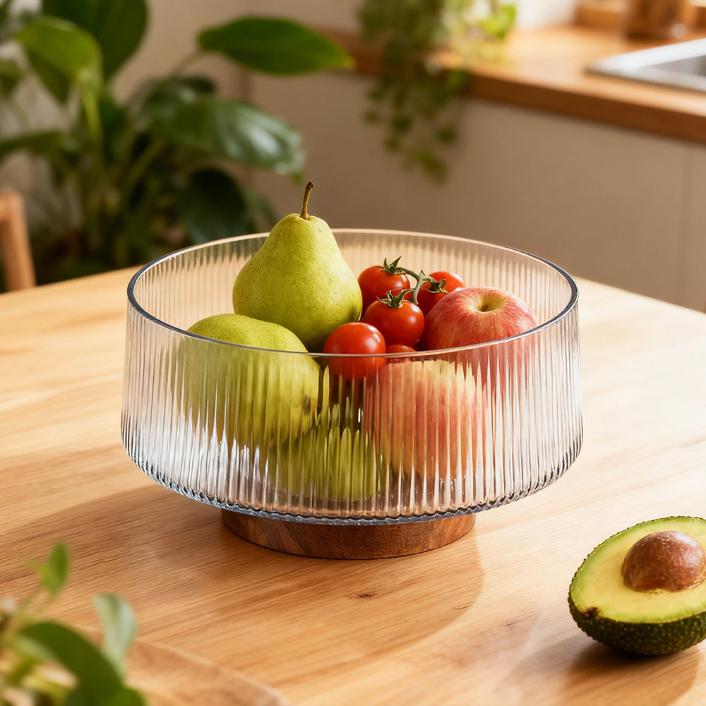 Extra Large Glass Salad Bowl with Acacia Wood Base and Wooden Serving Utensils Oversized Bowl for Family Dinners Parties