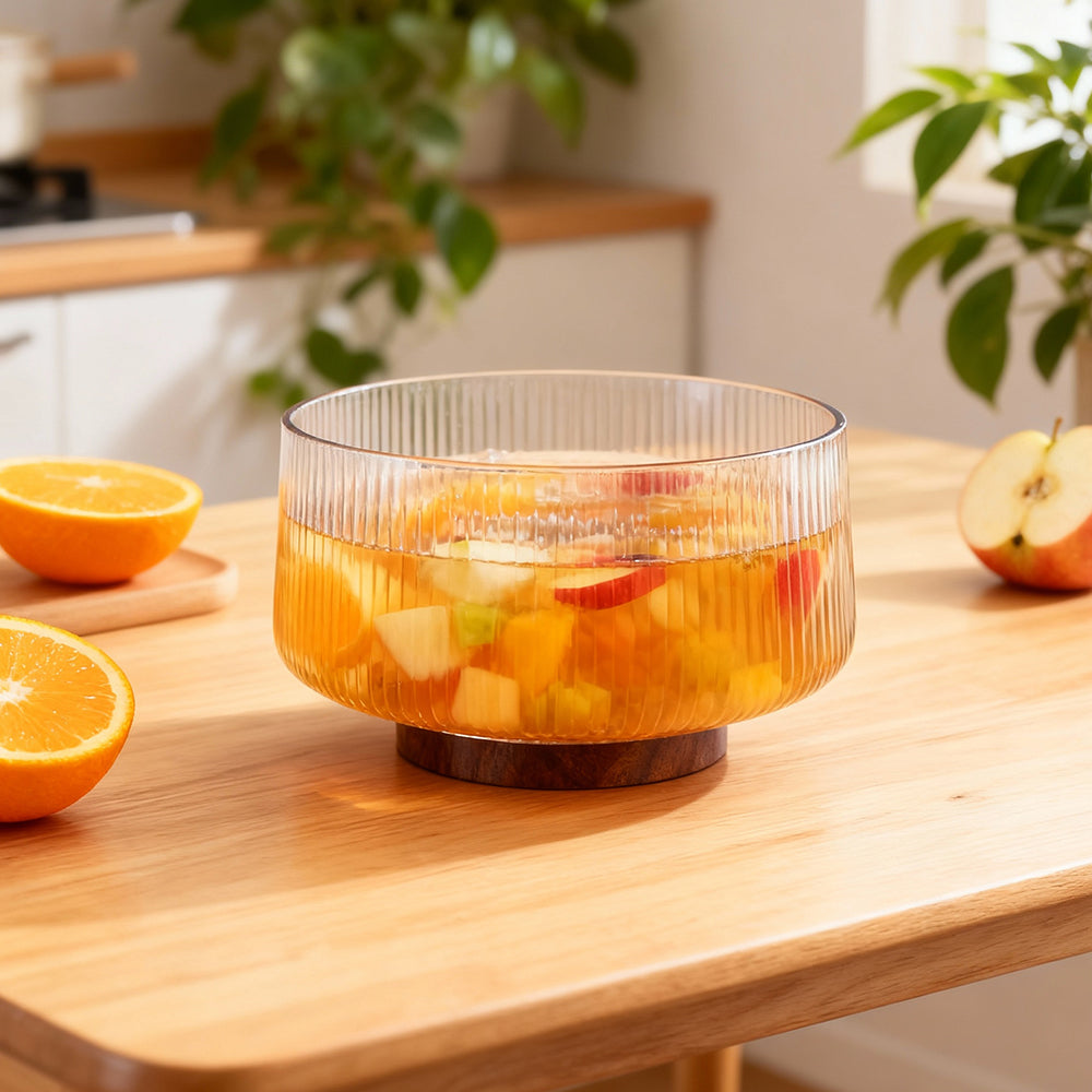 Extra Large Glass Salad Bowl with Acacia Wood Base and Wooden Serving Utensils Oversized Bowl for Family Dinners Parties