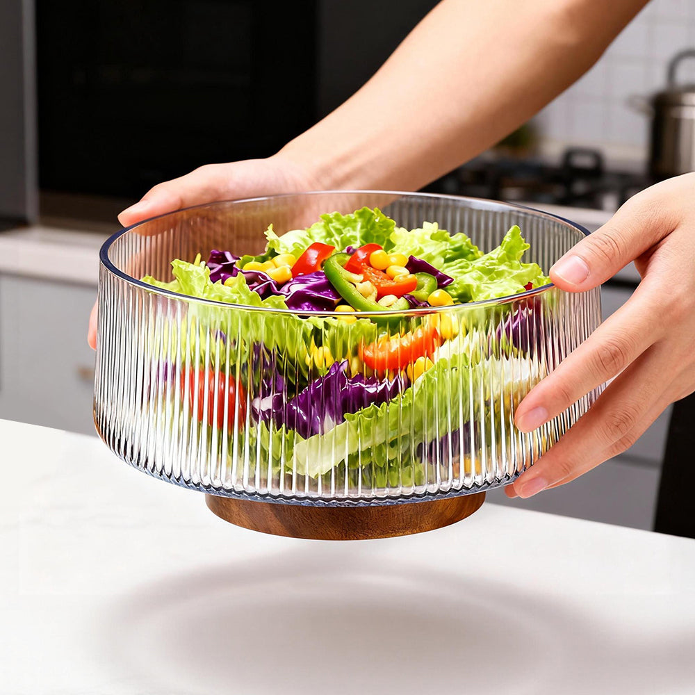 Extra Large Glass Salad Bowl with Acacia Wood Base and Wooden Serving Utensils Oversized Bowl for Family Dinners Parties
